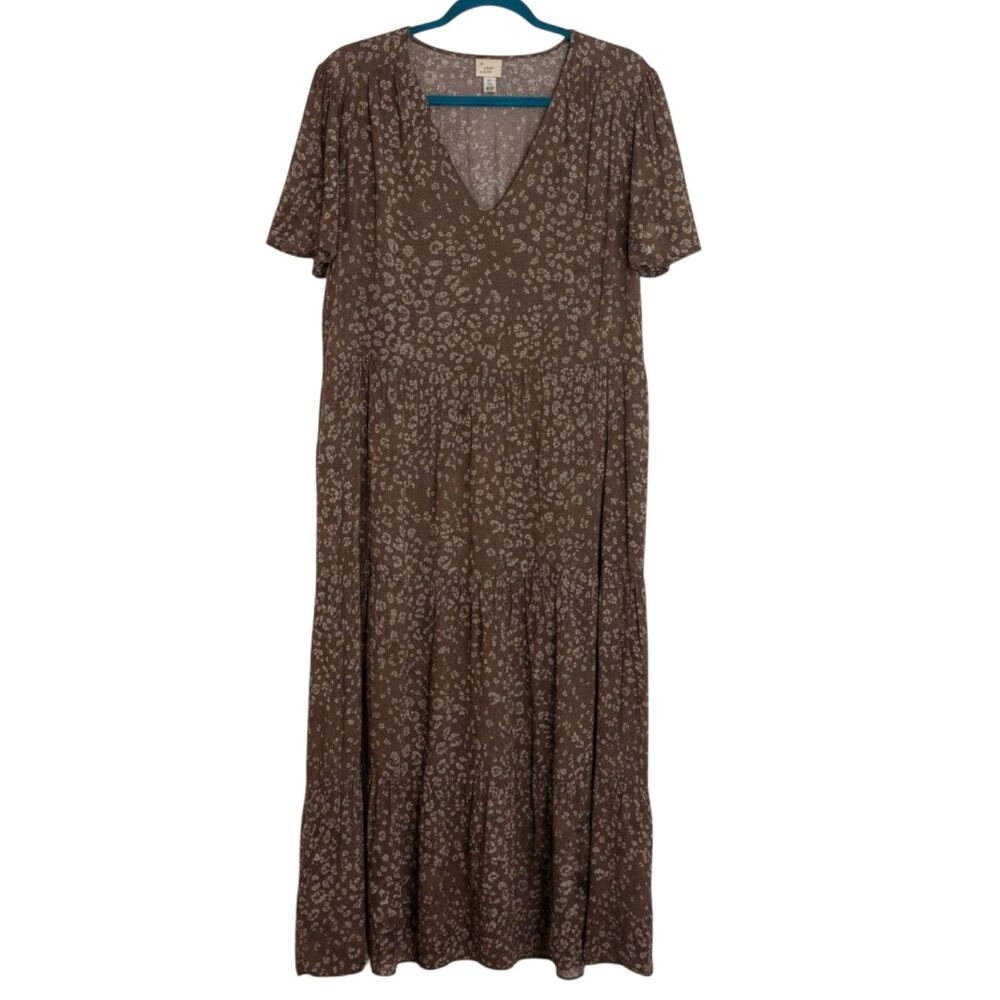 A New Day Boho Tiered Maxi Dress A Line V Neck Brown Beige L